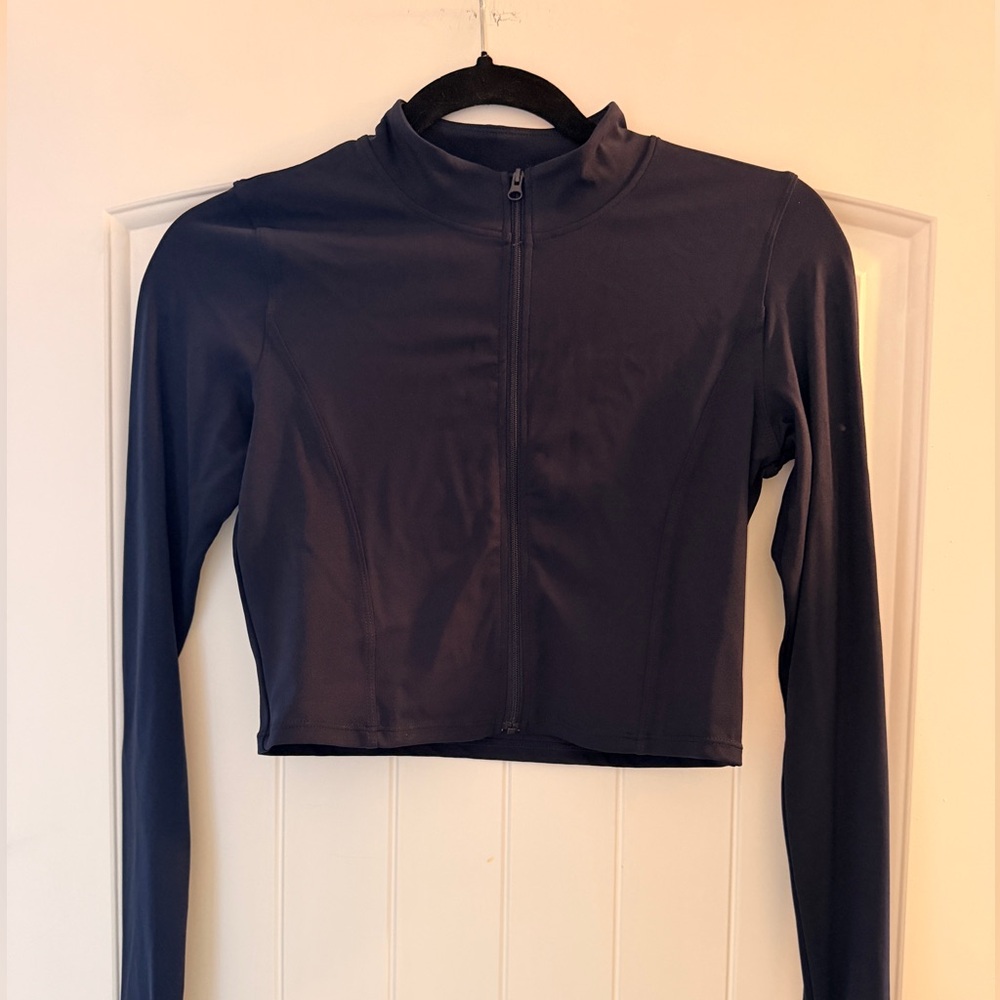 Women's Navy Long Sleeve Crop Zip Up Top